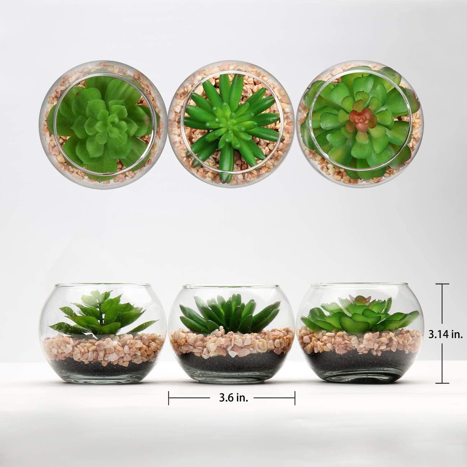 Mini Fake Plants 3 Packs Artificial Succulents Plants in Round Glass Vase Cute Faux Succulents for Bathroom Kitchens Shelf Table Decor