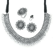 Yellow Chimes Antique Silver Oxidized Ethnic Indian Traditional Party Wear Thread Dori Necklace Set with Earrings and Nosepin Jewelry for Women