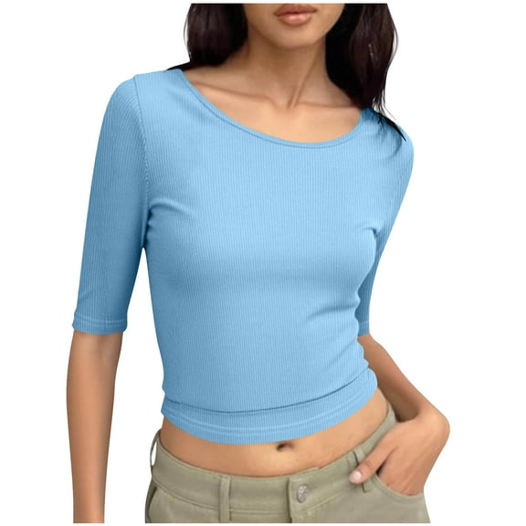 Women Casual Ribbed Knit Crewneck Crop Tops Fashion Half Sleeve Basic Slim Fit T Shirts Summer Trendy Y2k Clothes