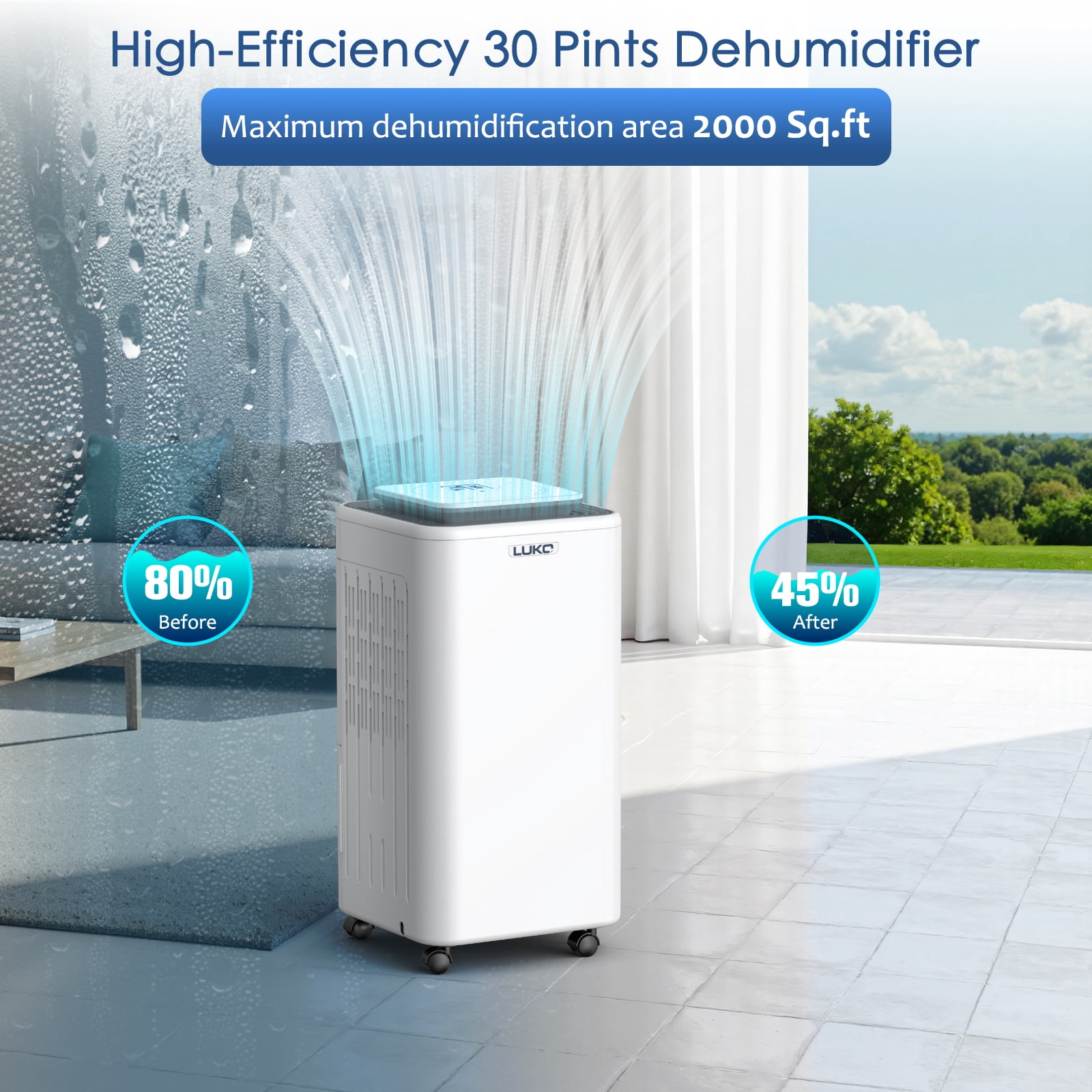2000 Sq. Ft Dehumidifiers for Large Room and Basements, 30 Pints Dehumidifier with Drain Hose, Auto or Manual Drainage, 0.528 Gallon Water Tank, Auto Defrost, Dry Clothes Function, 24H Timer