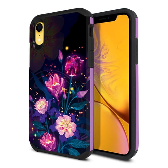 FINCIBO Purple Hybrid Case Hard Plastic TPU Slim Back Cover for Apple iPhone XR 6.1", Purple Glowing Flower