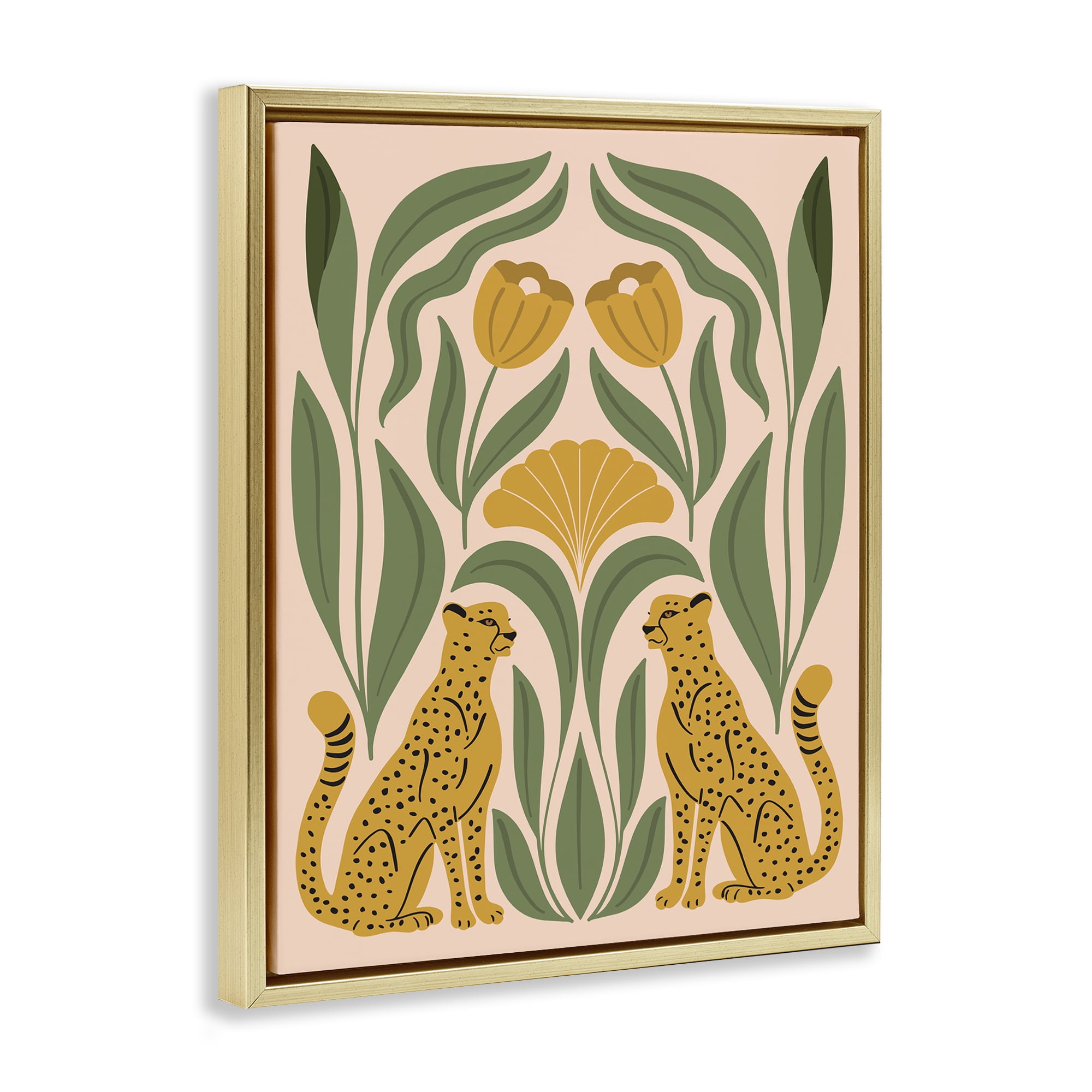 Stupell Industries Boho Chic Mirrored Leopards Plants & Flowers Painting Gold Floater Framed Canvas Art Print Wall Art, 17 x 21