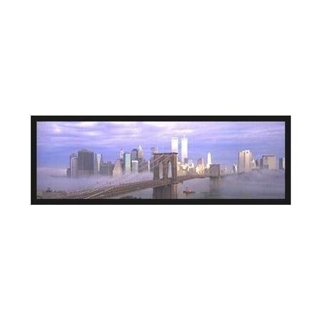 New York City Twin Tower - FRAMED Manhattan in the Mist Skyline 36x12 Art Print Poster Panoramic Night Brooklyn Bridge Twin Towers World Trade Center New York City