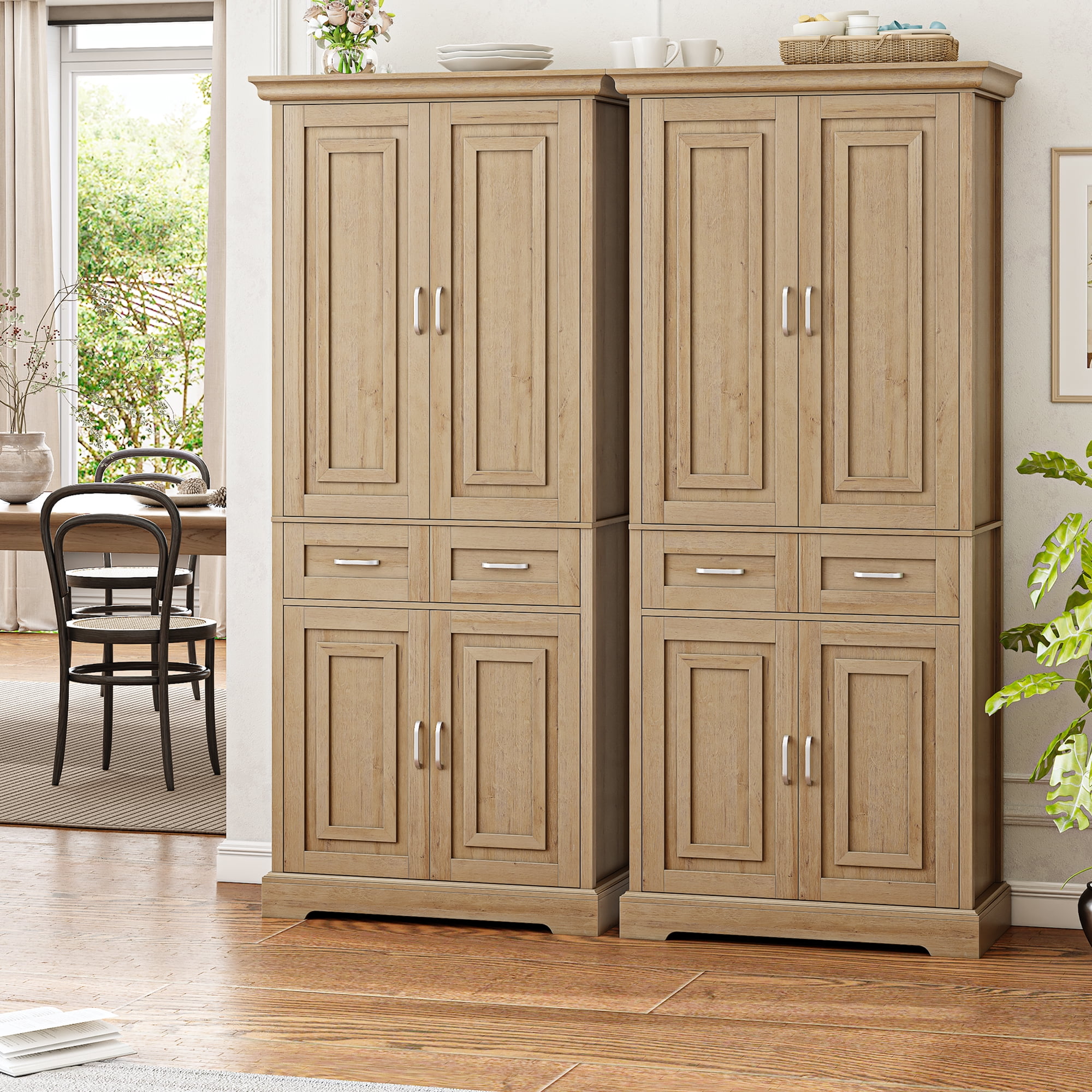 Homfa 70.9'' Tall Kitchen Pantry with 4 Doors, 2 Drawer Modern Freestanding Storage Cabinet for Dining Room Living Room, Nature Wood