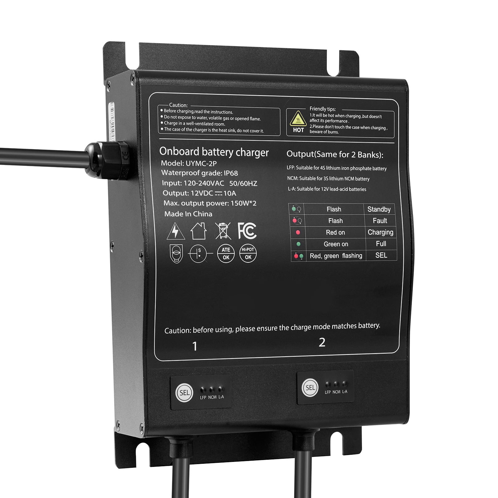 KFFKFF Marine Battery Charger, 2-Bank, 10A 12V Onboard Charger, IP68 Waterproof Smart Battery Charger, Compatible with Lithium-Ion (LiFePO4), NCM, Lead-Acid Batteries, Suitable for Boats, Yachts