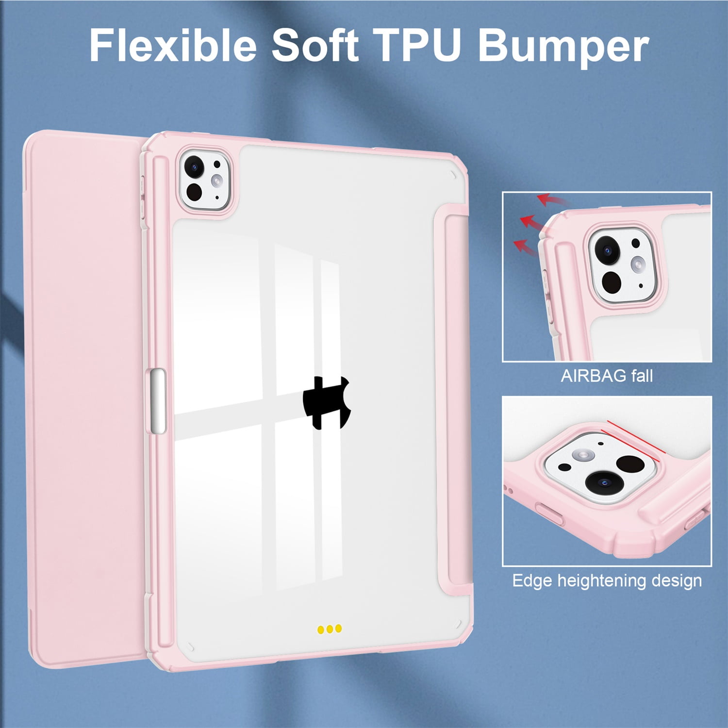 SaniMore Case for Apple iPad Pro 13 (2024), Auto Sleep/Wake Shock Resistant [Built-in Pencil Holder] Flip Stand [Dual Angle] Transparent Slim Lightweight Anti-fall Tablet Shell, Rosegold
