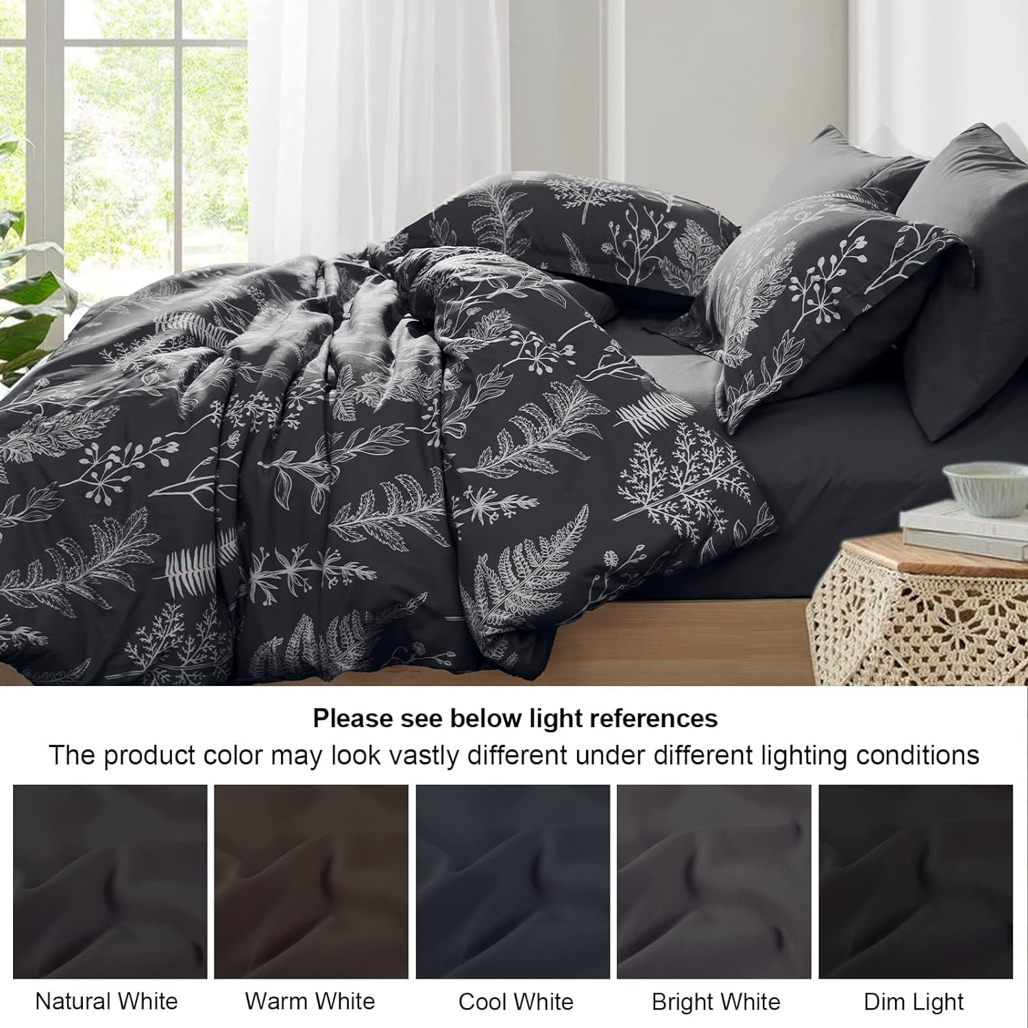 PHF 7 Pieces Printed Queen Comforter Set, Lightweight Reversible Botanical Bedding Set Include Comforter, Pillow Shams, Flat Sheet, Fitted Sheet and Pillowcases, Black