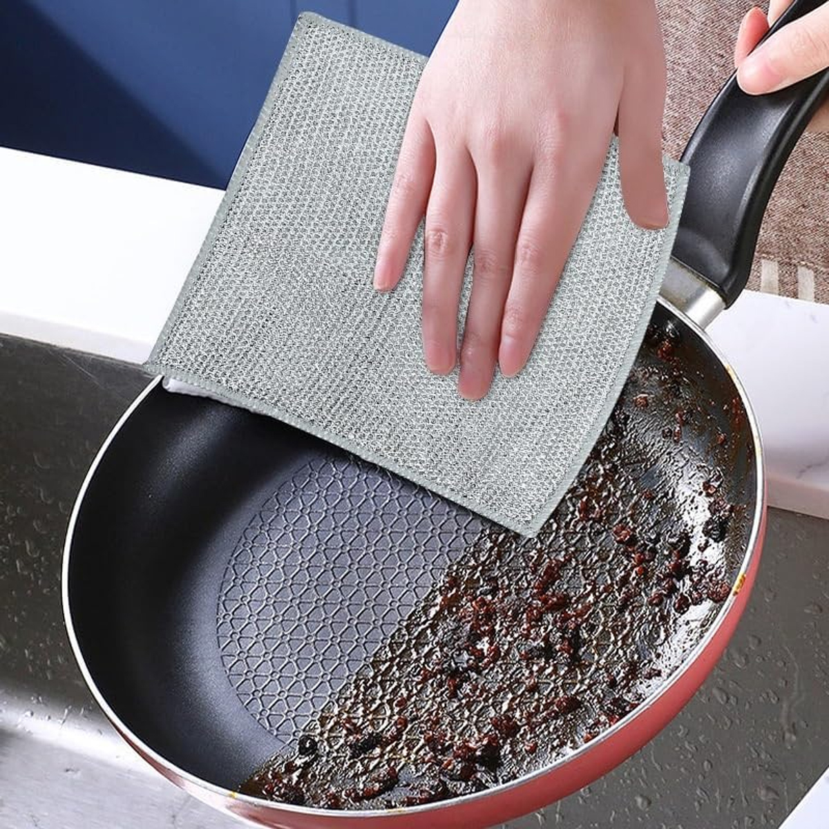 Set 5 Lavettes Laine D'Acier + 1 Chiffon Gaufré - Nettoyage Casseroles Et Surfaces Sans Rayures