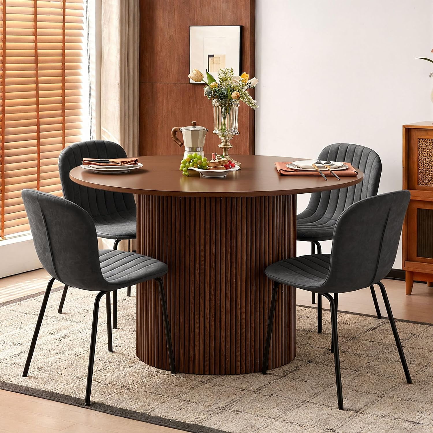 NORDICANA 47 Walnut Round Dining Table Set for 4 Mid Century Modern Wooden Kitchen Table and Grey Leather Chairs Set Space-Saving Breakfast Dinette Set
