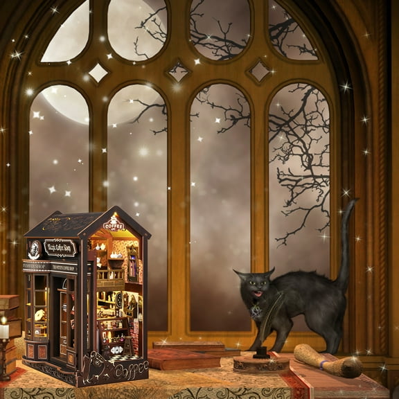 DIY Book Nook Kit 3D Wooden Puzzle Bookends with LED Light DIY Miniature Dollhouse Booknook Kit for Home Desk Decor