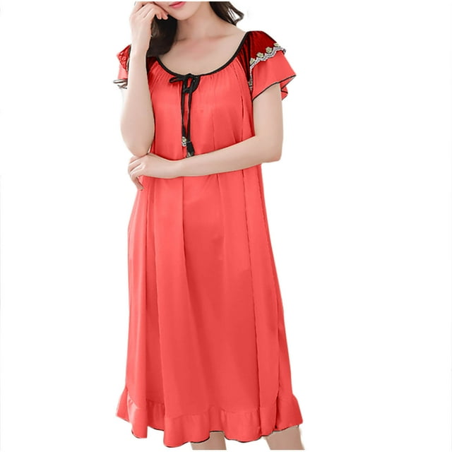 Timegard Robe de Nuit pour Femmes Col Rond Dentelle Manches Courtes Tenue d'Intérieur à Volants Confortable Ample Robes de Pyjama