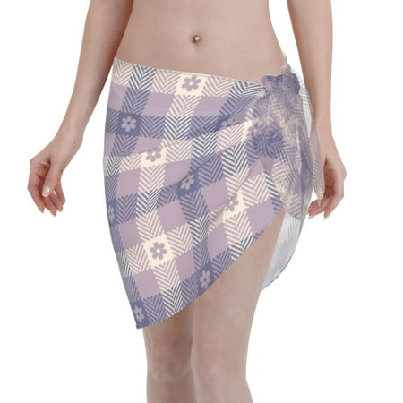 Disketp Purple Floral Gingham Check Plaid Women Swimsuit Cover Up Short Chiffon Summer Beach Sarong Bikini Wrap Skirt Bathing Suit