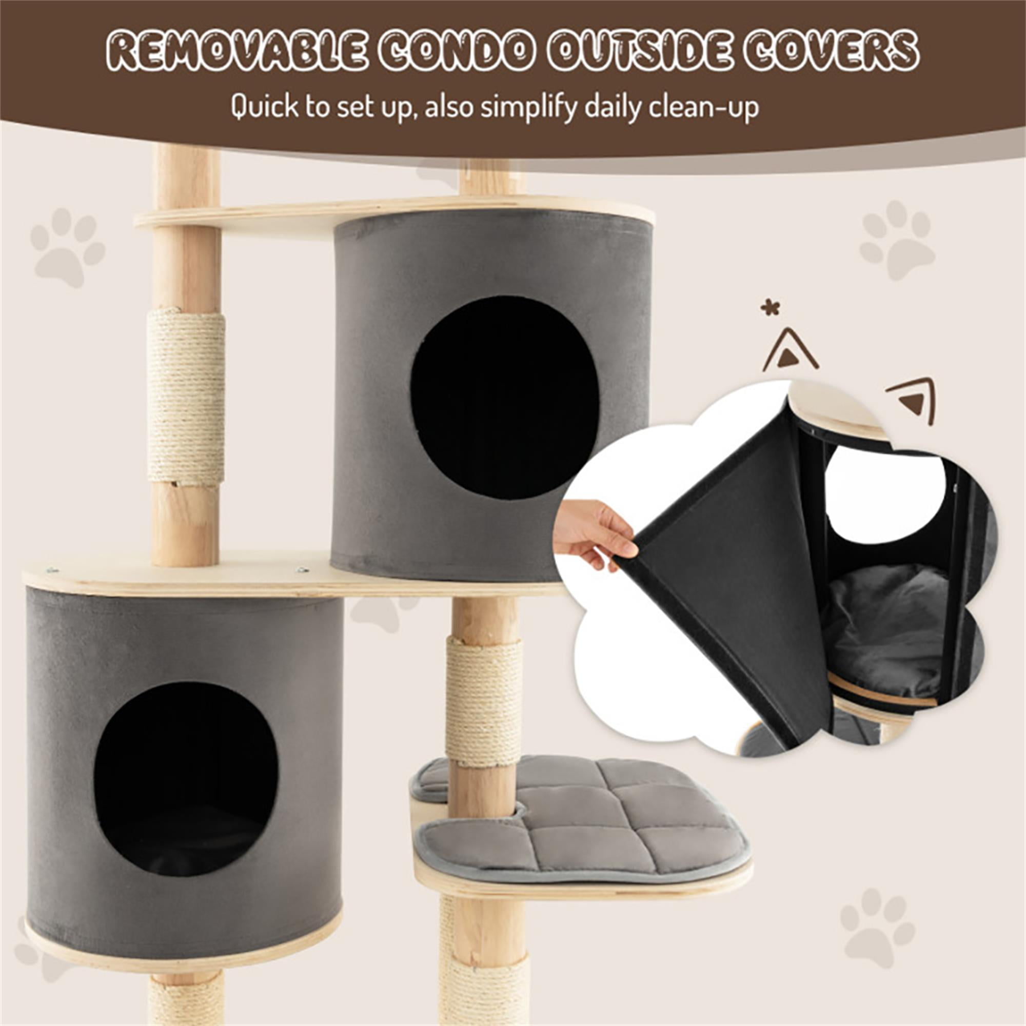 Kadyn 75" Wood Cat Tree Tower for Indoor Cats, Multi-Level Cat Condo with Scratching Posts, Perch, Washable Removable Cushions, Cat Furniture, Gray