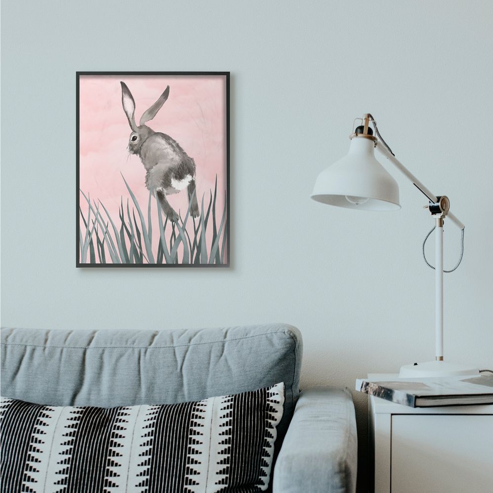 Stupell Industries Bunny Rabbit Jump Grass Pink Green Animal Painting Framed Wall Art by Ziwei Li