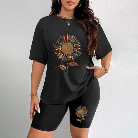 Women's Plus Size Boho Sunflower Print Short Sleeve T-Shirt & Shorts Set