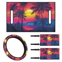 XYZCANDO Tropical Palm Tree Sunset 4 Piece Golf Cart Seat Covers Golf Cart Steering Wheel Covers Golf Cart Flags Hawaiian Golf Cart Decor Steering Wheel Cover Club Car Seat Covers Mini Flags Pink