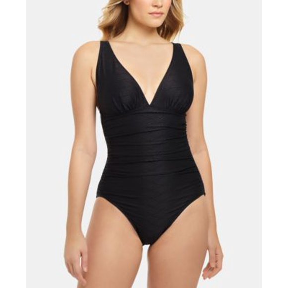 Swim Solutions Maillot de Bain une Pièce Texturé Plongeant, Créé pour Macy's - Noir
