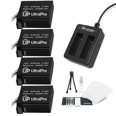 UltraPro 4-Pack AHDBT-401 High-Capacity Replacement Batteries with Rapid Dual Charger for GoPro Hero4. Also Includes: Camera Cleaning Kit, Camera Screen Protector, Mini Travel Tripod
