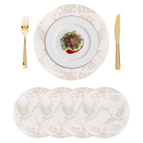 Beige Crane Silhouette Round 13 Inch Placemats Set of 4, Modern Abstract Flowers Botanical HeatResistant Non Slip Place Mats for Dining Table, Wipeable Braided Kitchen Table Mats for Housewarming
