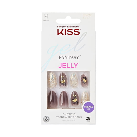 Kiss Gel Fantasy Jelly Press On Nails, 'Floral Jelly', Brown & Gold, Medium Almond, 28 Ct.