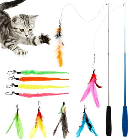 ODOMY Cat Toys Interactive Cat Feather Wand, Kitten Toys Retractable Cat Wand Toy 12pcs Natural Feather Teaser Replacements Telescopic Cat Fishing Pole Toy for Indoor Kitty Old Cat Exercise