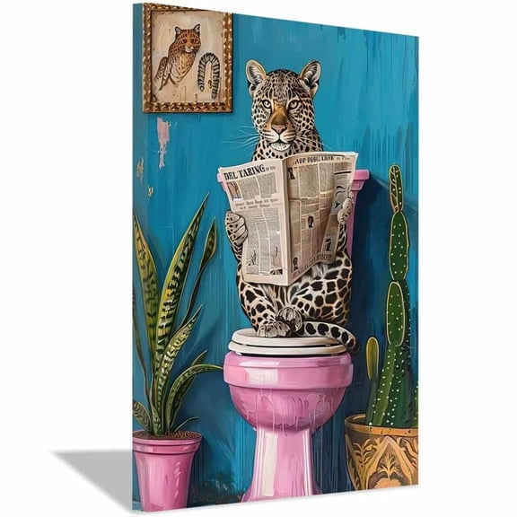 Mudket Framed Leopard on Toilet Reading Newspaper Canvas Wall Art, Funny Bathroom Wall Decor, Ready to Hang - 12"L x 8"W