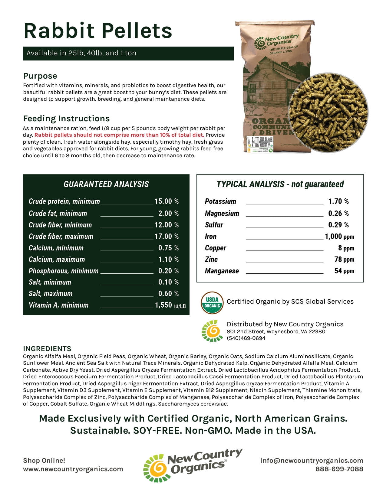 New Country Organics Rabbit Food Pellets | Essential Bunny Supplies | Corn-Free and Soy-Free | 15% Protein Rabbit Feed for Healthy Hoppers | Certified Organic and Non-GMO | 40 lbs