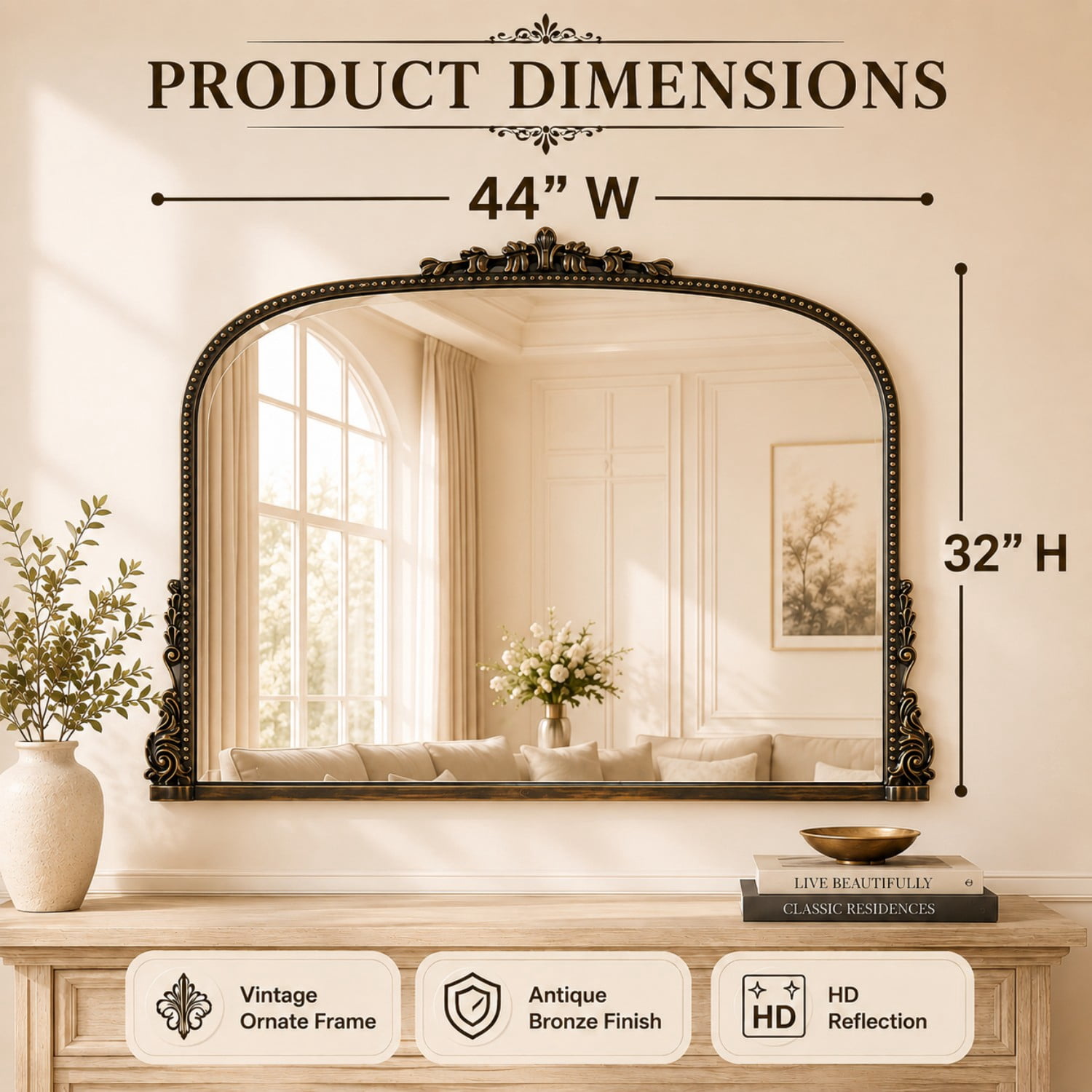 BEAUTYPEAK 44"x32" Vintage Bathroom Mirror Baroque Style Decorative Vanity Mirror Wall Mounted, Antique Bronze
