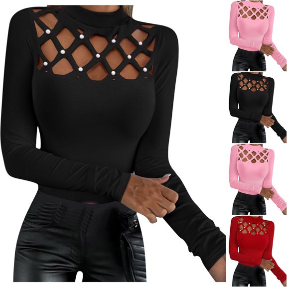 Women's Casual Solid Color Round Neck Long Sleeve Hollow Out Pullover Tops Comfy Breathable Versatile Work Office Casual Daily | CSEONE,Black L