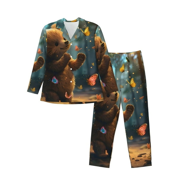 Balery Cute Butterfly Bear Pijama para Hombre de Dos Piezas con Manga Larga, Conjunto de Dormir y Descanso Suave con Bolsillos-Large