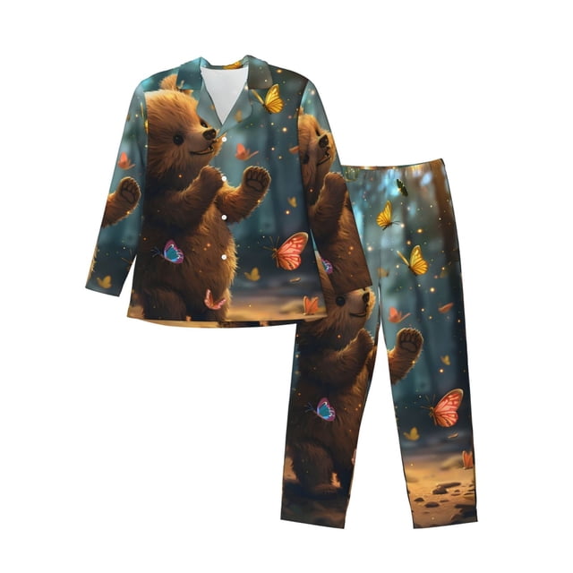Balery Cute Butterfly Bear Pijama para Hombre de Dos Piezas con Manga Larga, Conjunto de Dormir y Descanso Suave con Bolsillos-Large