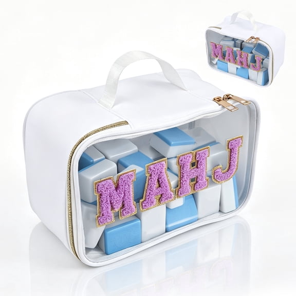 Mahjong Tile Bag for 166 Tiles, Clear Waterproof PVC Storage Case with Zipper Travel Organizer for Standard American Sets, White