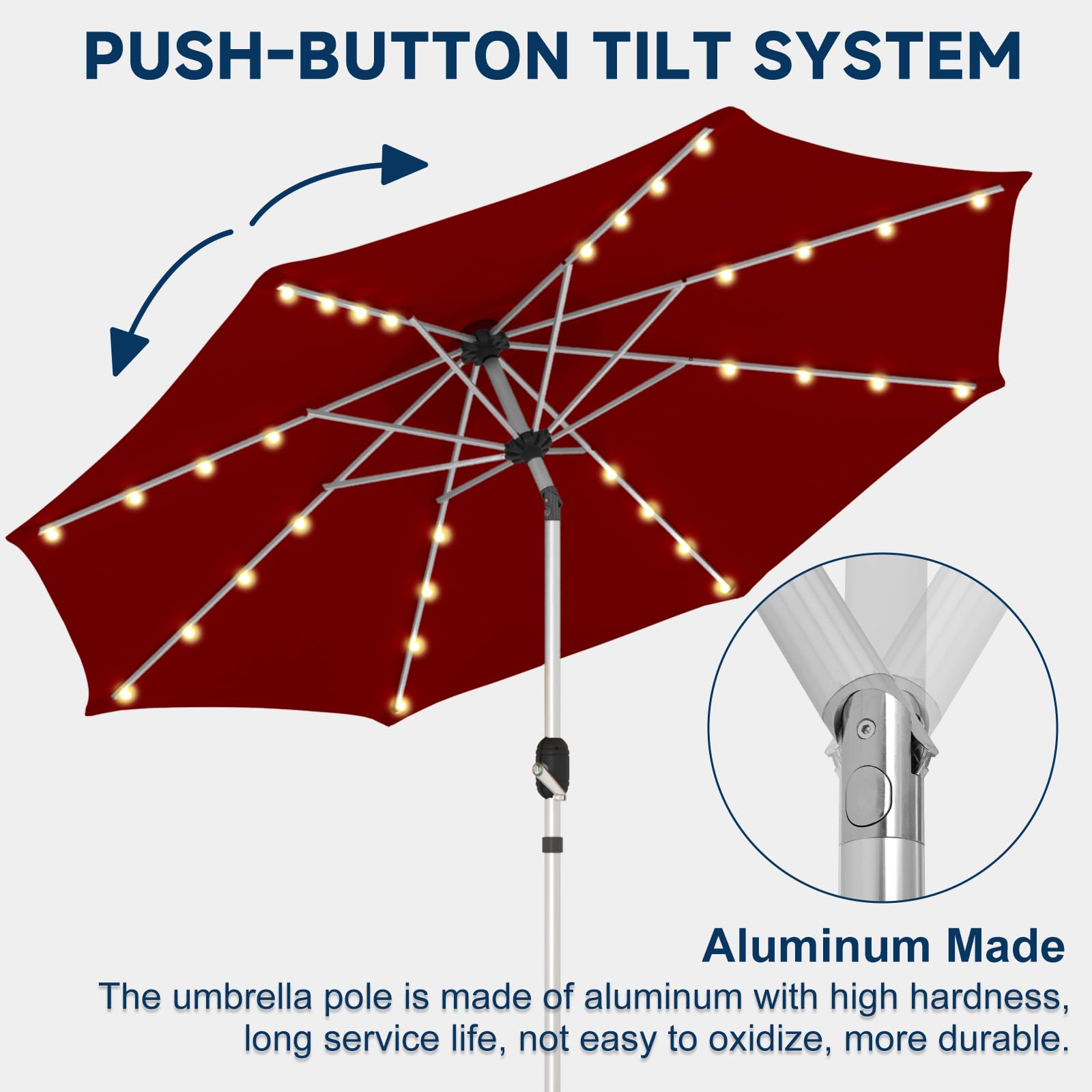 UPHYB 10FT 40 Solar Lighted Patio Umbrella, Fade-Resistant Outdoor Market Table Umbrella with Push Button Tilt Function, 8 Sturdy All-Aluminum Ribs for Gardens, Decks, Backyards & Pools (Burgundy)