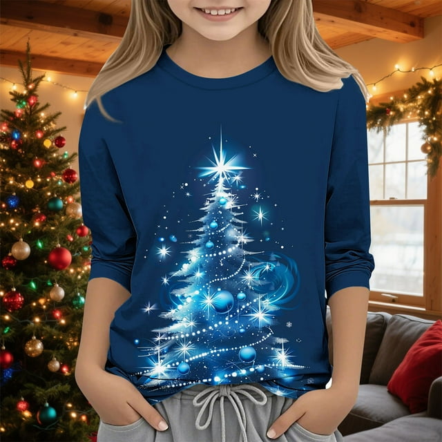 MKOSPLRT T-Shirts de Noël Laids pour Enfants 3-12 Ans Manches 3/4 T-Shirts Graphiques Arbre de Noël Col Rond T-Shirts Scintillants pour Fête pour Fille Garçon