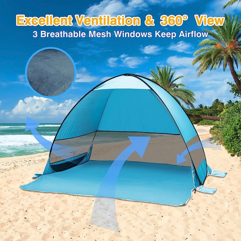 Portable Beach Shade Tent UPF50+ - 6.8x6.5 FT Canopy With Sandbag, 3-4 Person