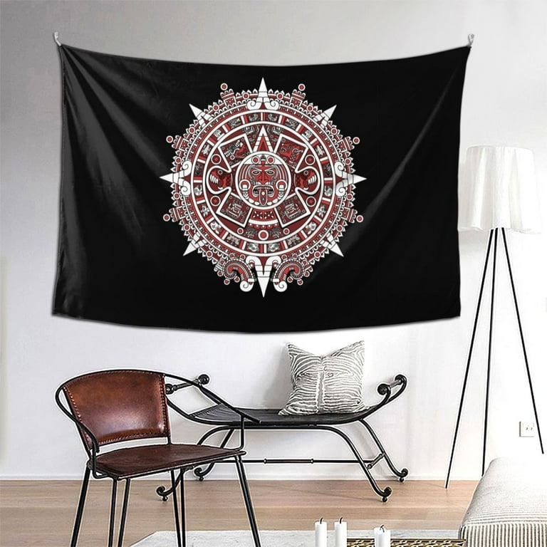 TEQUAN Aztec Mayan Calendar Red Pattern Large Tapestry, Aesthetic