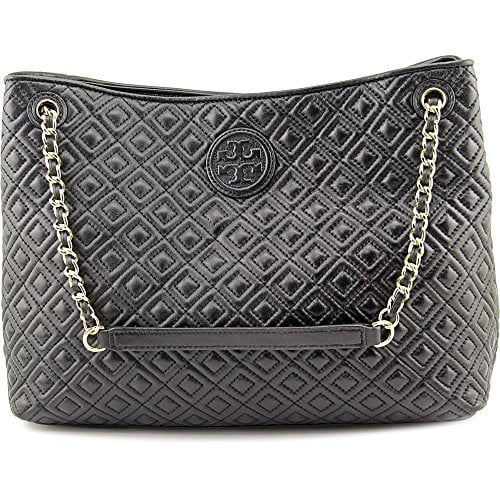 Tory Burch Marion Diamond Quilted Leather Tote Black Handbag 
