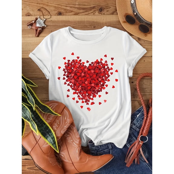 Heart Print Crew Neck T-Shirt, Casual Short Sleeve Top For Spring & Summer, Women's Clothing