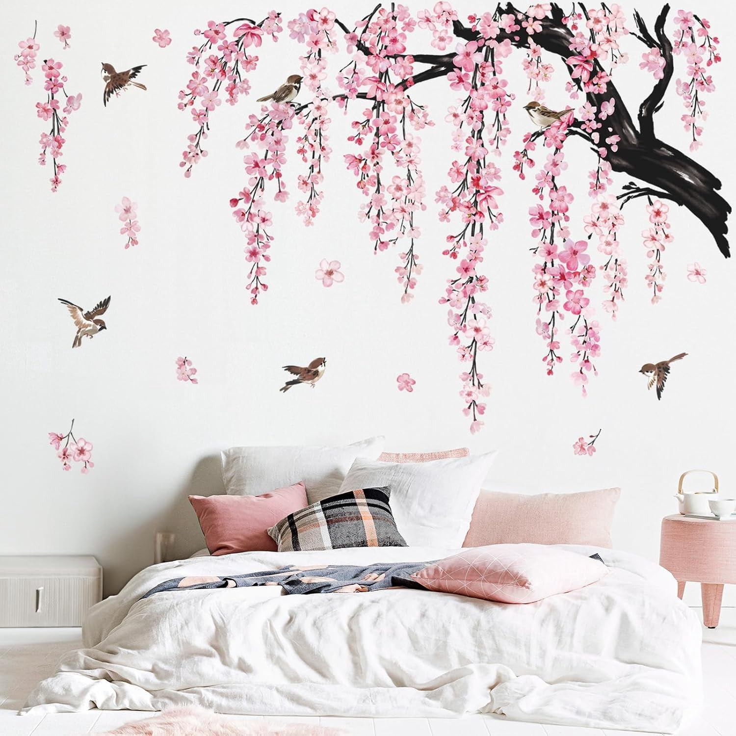 Large Flower Tree Branch Wall Stickers Flower Wall Stickers plant wall decal Pink Cherry Blossom Floral Birds Wall Art Decals Peel and Stick Removable Wall Stickers for Living Room Bedroom TV Wall