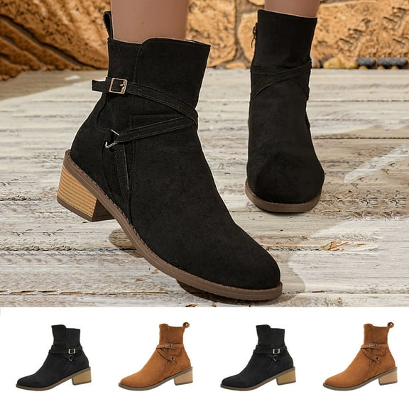 Ankle Boots for Women Fashion Casual Winter Ankle Boots Solid Color Pointy Side Zipper Chunky Heel Low Heel Ankle Boots