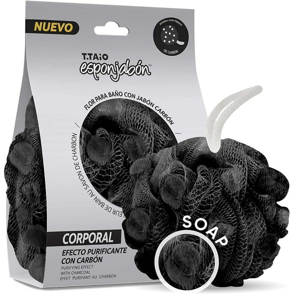 T.Taio Esponjabon Esponjabon - Shower Soap Sponge - Loofah Luffa Loufa - Mesh Body Wash Ball for Full Foam Cleansing, Skin Care, Bathroom Essentials, Charcoal Scent B-EXPERTS