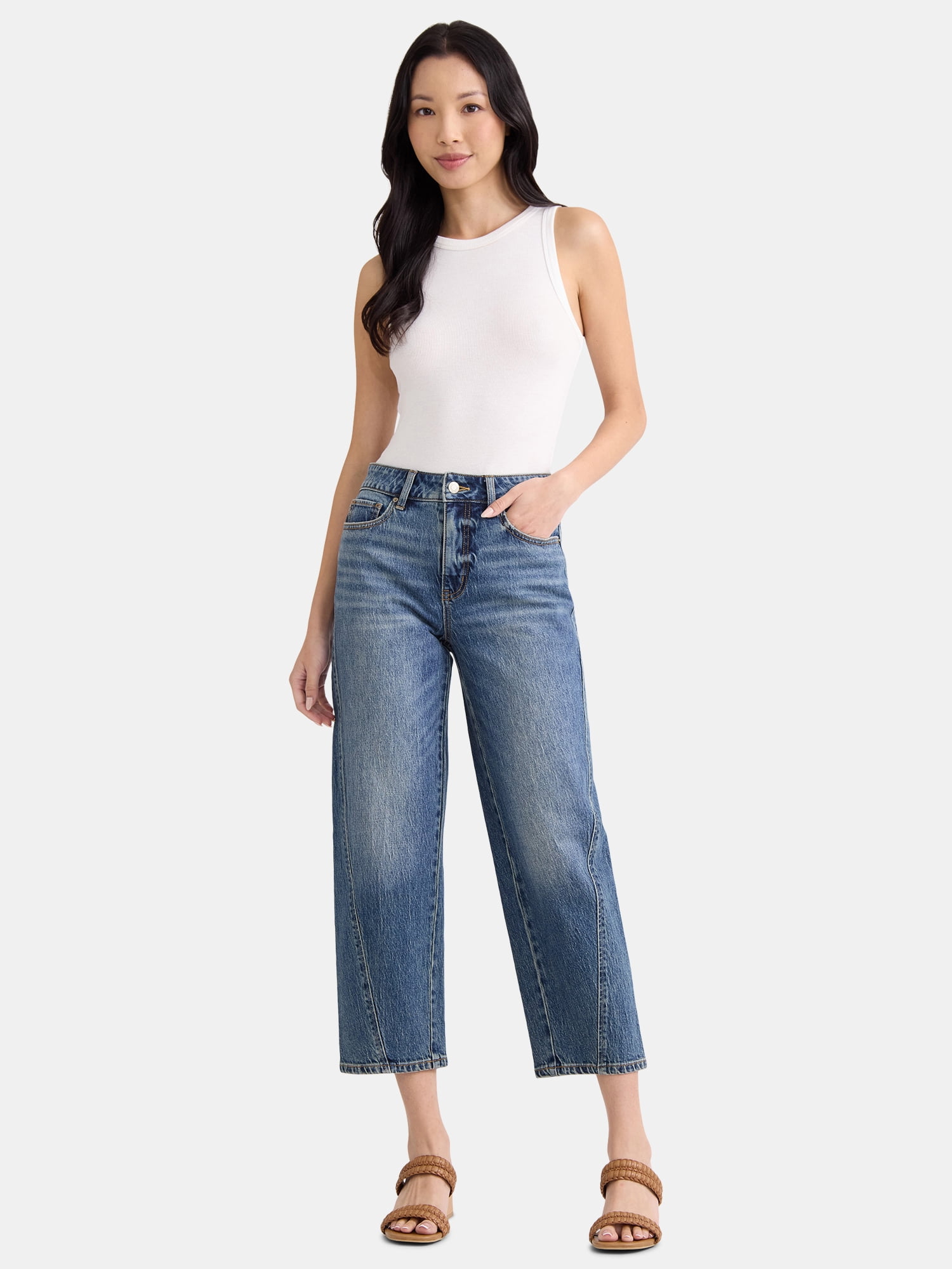 Time and Tru Women's High Rise Barrel Jeans, 26.5" Inseam, Sizes 0-22