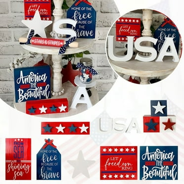 Herrnalise 9 Pcs Patriotic Independence Day Tiered Tray Decor, 4th of July Tray Set Decor Red White Blue USA Stars and Stripes Flag, Memorial Day Vintage Wood Sign Summer Home Table Mini Decor