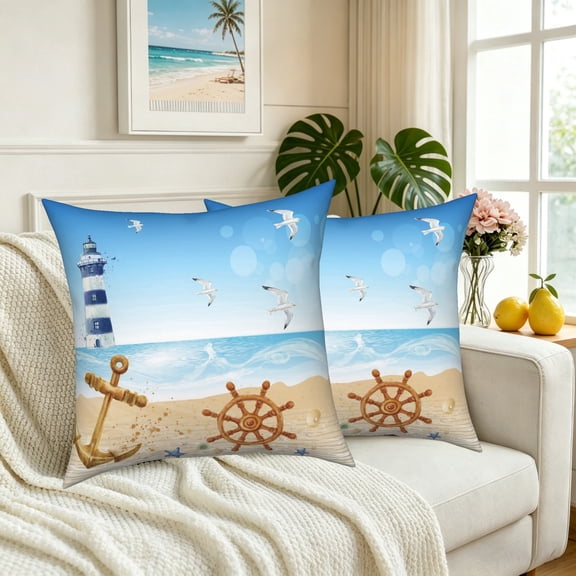 Nautical Lighthouse Beach Pillow Covers 18x18 Set of 2 Double-Sided Blue Coastal Anchor Throw Pillows Case for Couch