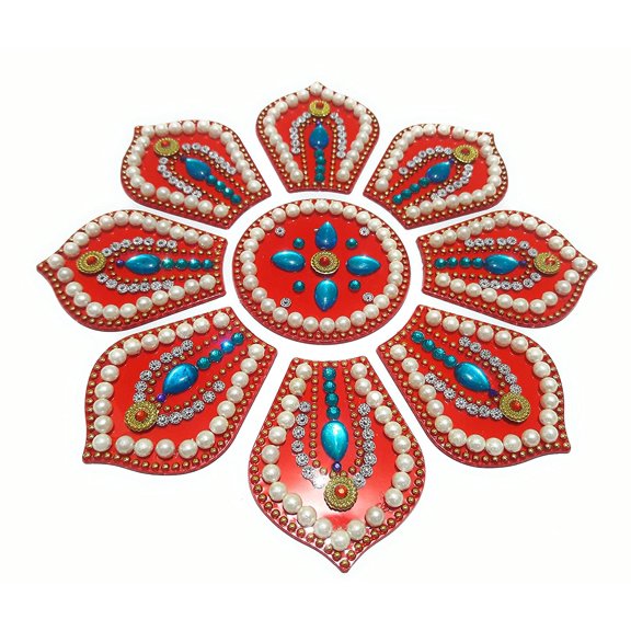 FineArt Handcrafted Decorative Diwali Rangoli Set Multicolor Jewel Stone/Kundan Decorations on Red Acrylic Base 9 Piece Set - for Home Dcor