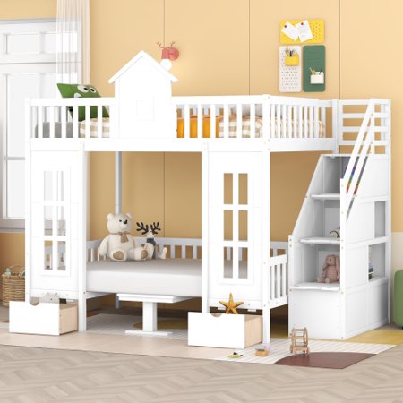 Full Over Full Bunk Bed Wood Loft Bed with Storage Staircase and 2 Drawers Bottom Bed can be Convertible to Seats and Table Set Safety Guardrails & Wood Slats Supports No Spring Box Needed