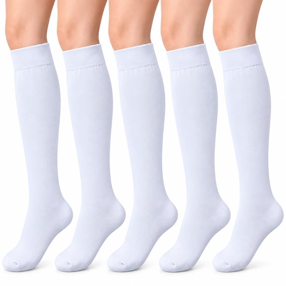 Livease 5 Pairs Knee High Socks for Women Girls, White Cotton Long Dress Socks,Tall Tube Socks