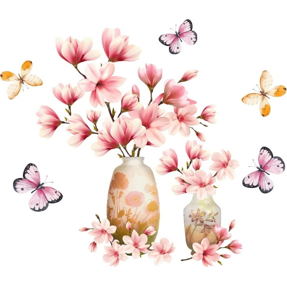 3D Vase Pink Flower Bouquet Butterfly Wall Stickers Removable Vinyl Peel and Stick Wall Decals for Livinig Room Bedroom Wall Decoration Home Office Study Room Indoor Wall Art Decor