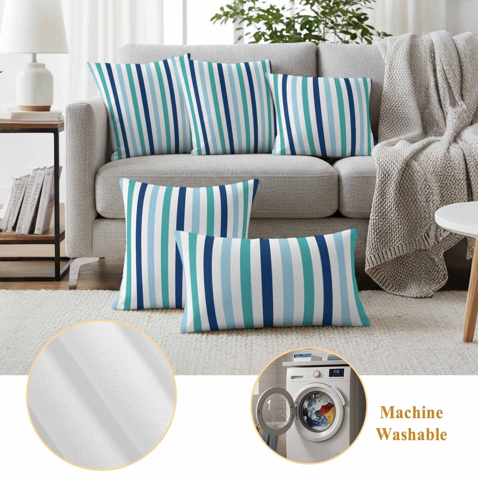 Teal Blue Stripe Outdoor Waterproof Pillow Covers, Ombre Geometric Green Vertical Striped Decorative Rectangle Throw Pillowcase Sofa Cushion Sham for Patio/Couch/Chair, 20"x12" 2 Pack