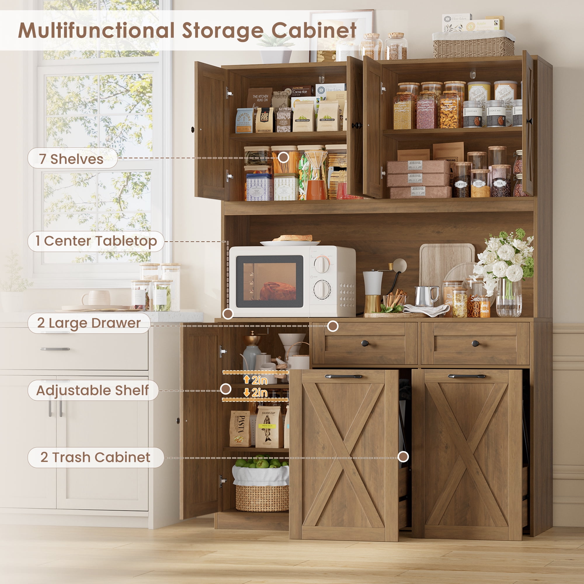 Homfa Kitchen Pantry Cabinet, Trash Can Cabinets Fits 12.5 Gallon Can, 5 Door 2 Drawer Kitchen Storage Cabinet with Hutch, Freestanding Cupboard, Rustic Brown